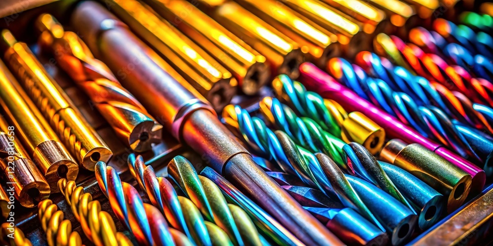 Poster macro close-up of drill bits in toolbox - detailed metalworking tools