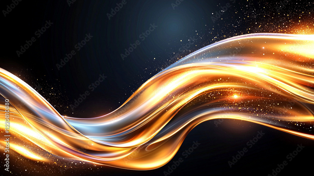 Poster luminous golden liquid wave abstract design. dynamic flowing form with sparkling particles and dark 