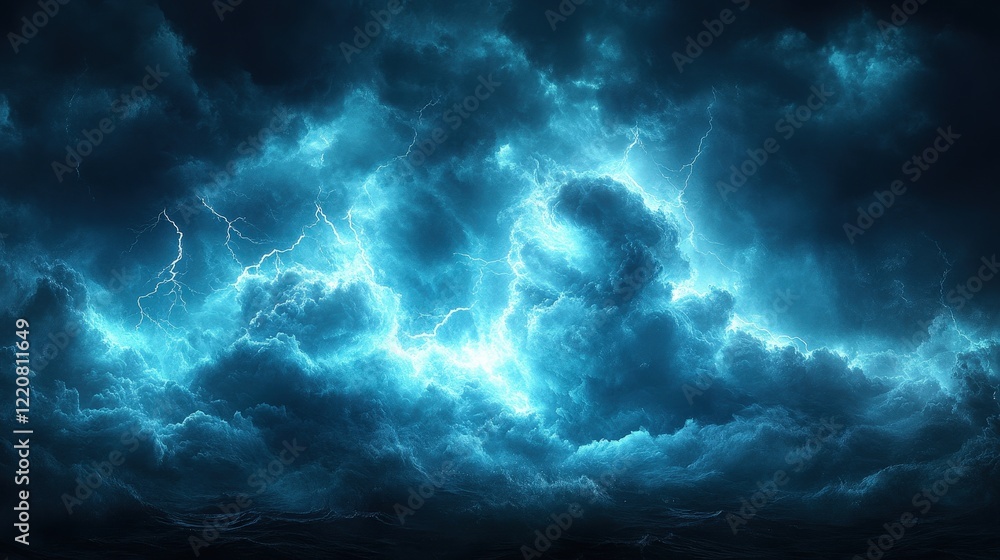 Poster dramatic stormy sky with lightning and dark clouds illuminating the background in a striking display