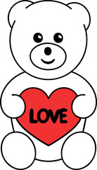 Cute teddy bear holding red heart with word LOVE