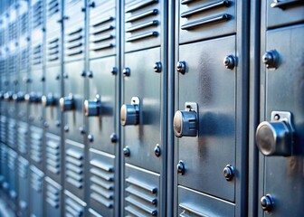 Macro Detail of Grey Metal Lockers, Close-up Texture, Industrial Row of Cabinets