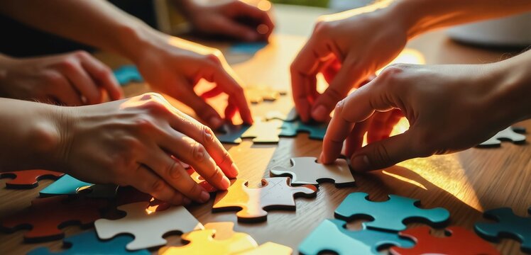 Collaborative Puzzle Assembly , A close-up image of diverse hands working together to piece a jigsaw puzzle on a wooden table. Vibrant puzzle pieces in shades of blue, green.