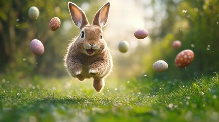 Running happy Easter bunny with eggs flying everywhere created by generative artificial intelligence, generative ai