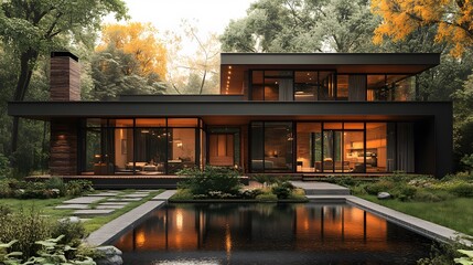 Architectural rendering of a countryside home with black steel and wood elements, open lower level, warm tones, elevated design, 8K high-resolution realistic images,