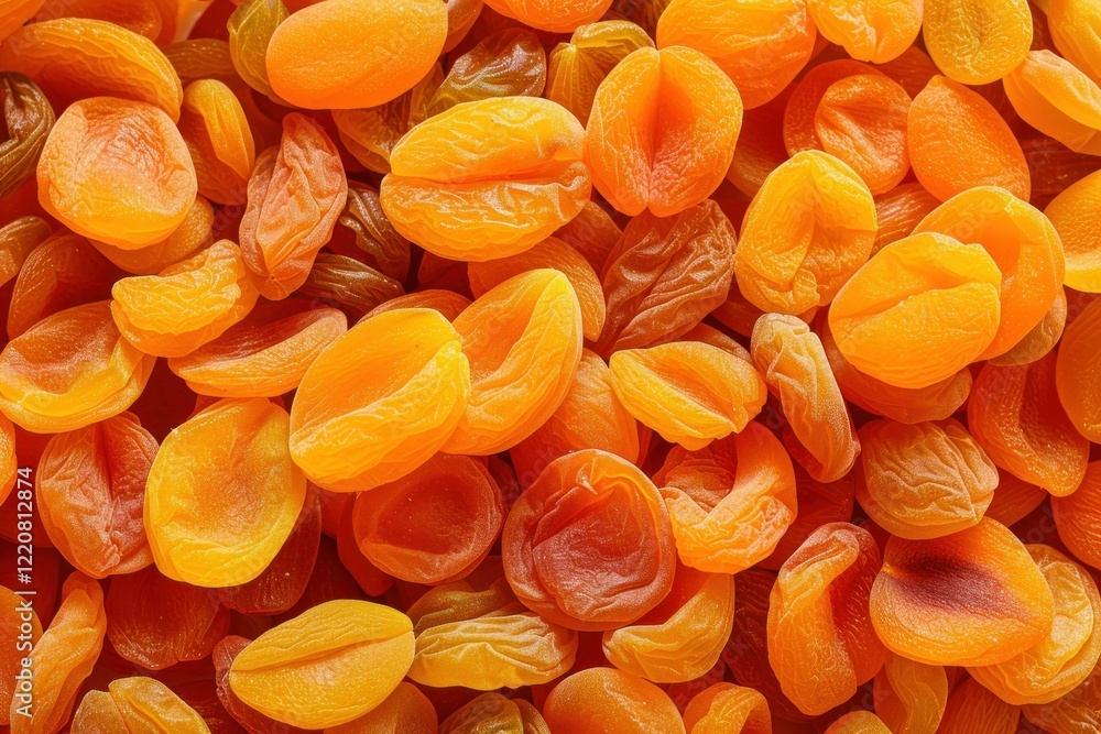 Poster close up of numerous dried apricots, creating a textured and colorful backdrop