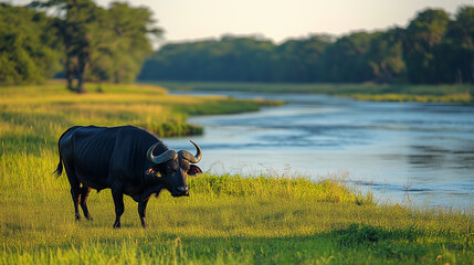 A buffalo stands in a grassy field near a body of water