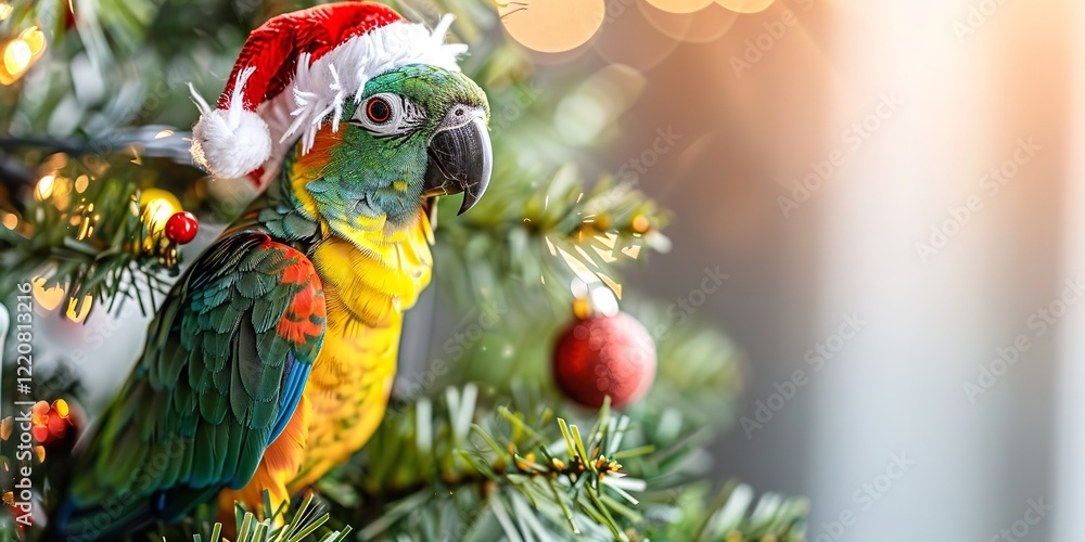 Poster a close-up of a parrot perched atop a decorated christmas tree with a large text area on a white bac