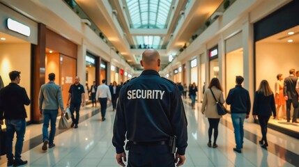 Mall Security Officer Monitoring Crowd, A security officer in a uniform stands vigilant amidst a bustling mall walkway. Shoppers stroll past while the officer maintains a watchful presence.