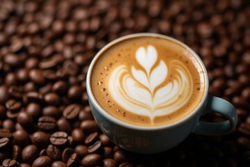 Fototapeta premium Latte art cup displayed on a coffee bean backdrop with copy space image.-