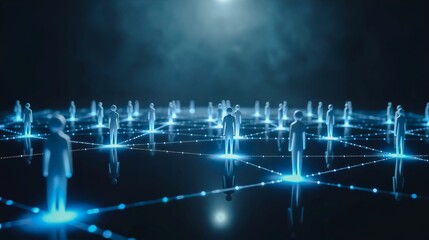 Fototapeta premium Glowing Network Unity, Futuristic abstract image featuring a grid of luminous human figures. Interconnected and glowing, they suggest a sense of global unity and technological advancement.