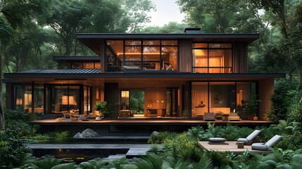 Rustic elevated countryside house with black steel frame, wooden accents, open ground level, warm earthy tones, metal roofing, 8K high-resolution realistic images,