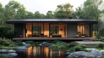 Fototapeta premium Contemporary rural home featuring black steel and wood paneling, elevated design, open base, countryside warmth, metal roofing, 8K high-resolution realistic images,