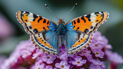 Obraz premium A close-up of a vibrant butterfly perched on a blooming flower, capturing intricate details in vivid spring colors