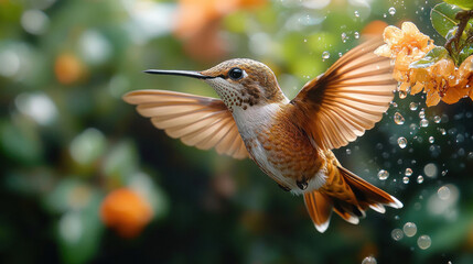 Fototapeta premium A close-up of a hummingbird hovering near a bright flower, with its wings frozen mid-flight in vivid detail