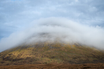 Mountaintop Glamaig covered in the couds, Isle Skye, Scotland
