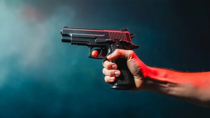 Determined Grip on Black Handgun , Close-up shot of a hand firmly gripping a black handgun against a dark background.