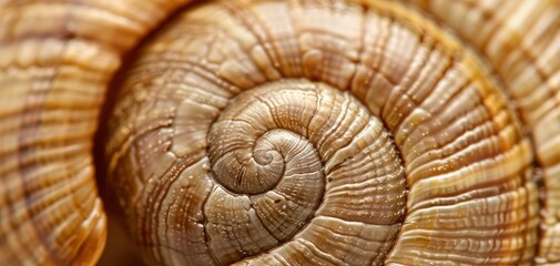 Close-up of a spiral snail shell with intricate textures and patterns.