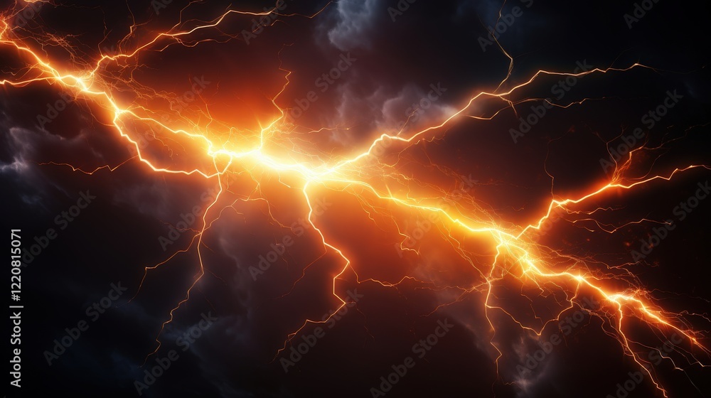 Poster dynamic and electrifying orange lightning striking through dark clouds creating a stunning visual di
