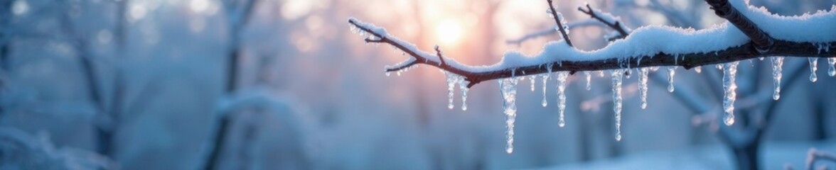 Obraz premium Frozen tree branches with delicate icicles hanging from them, frozen, ice