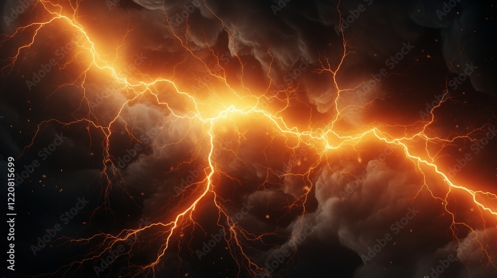 Poster electrifying orange lightning strikes through dark storm clouds creating a dramatic and intense atmo