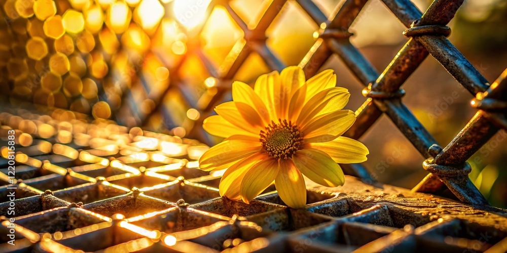 Poster macro photography: sunlit yellow flower on rustic rusty lattice with monogram