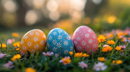 A joyful Easter egg hunt with colorful eggs hidden among blooming flowers in a bright garden setting