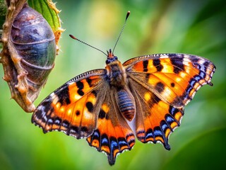 Obraz premium Macro Photography: Small Tortoiseshell Butterfly Emerging from Chrysalis, Germany, 2020