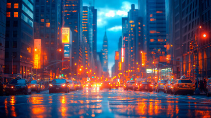 A vibrant cityscape at night with illuminated skyscrapers against a dramatic, colorful sky at dusk or dawn