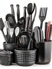Black kitchen utensil set in containers, organized, white background, cooking preparation
