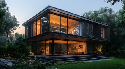 Obraz premium Two-storey rural residence featuring black steel and wooden design, elevated structure, open base area, countryside warmth, 8K high-resolution realistic images,