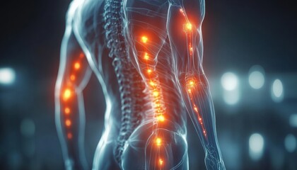 High-Resolution Medical Image Cardiovascular System Pain Points Illustrated with Glowing Red Markers Clear Visualization of Chest, Back, Arm, and Leg Pain Areas Affecting the Cardiovascular System