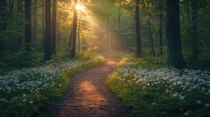 A picturesque forest trail lined with blooming trees and wildflowers, illuminated by soft golden sunlight