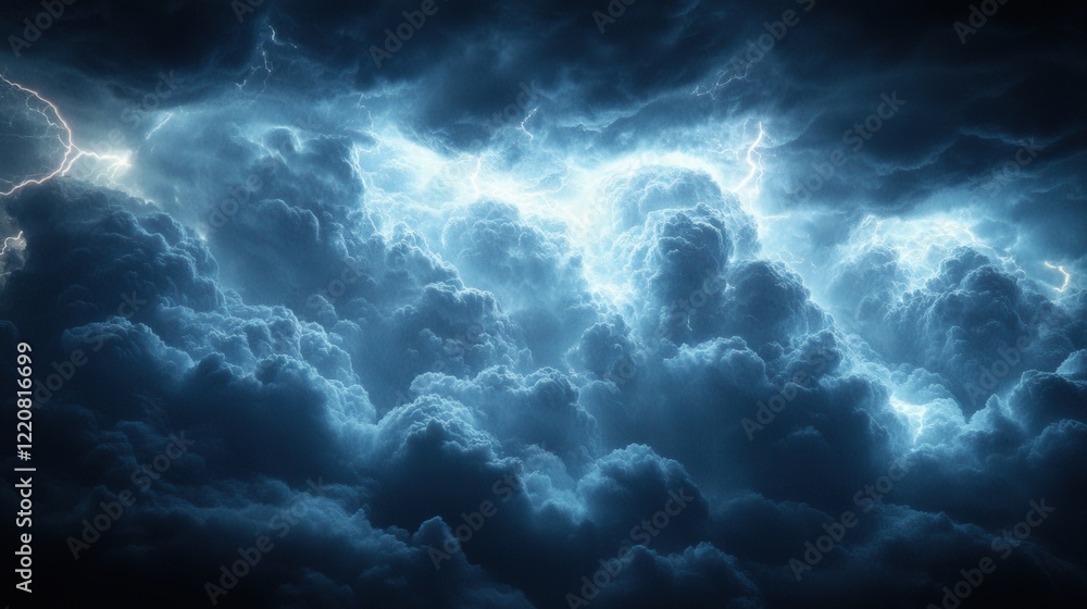 Poster dramatic lightning display among isolated dark clouds on black background creating an atmosphere of 