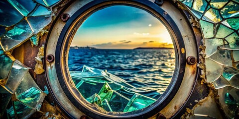 Macro Photo: Shattered Glass Porthole - Textured Ocean Scene