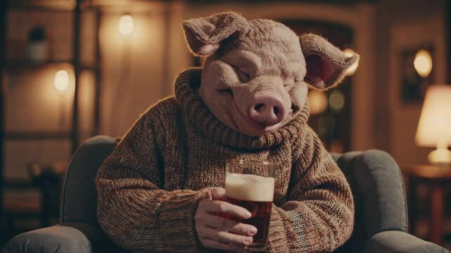 A pig holds a glass of beer, looking content in a warm and cozy atmosphere, bringing a playful vibe to the setting.