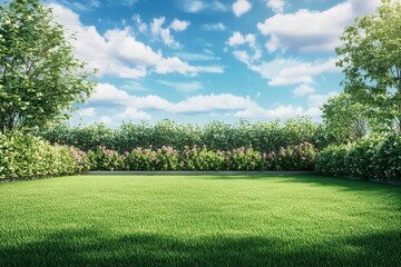 Obraz premium Green grass or meadow of a private villa garden. A wall or fence with green lawn of a private property. --ar 3:2 --v 6.1 Job ID: a8060436-bda3-428c-a25d-5a1f38fdfbe7