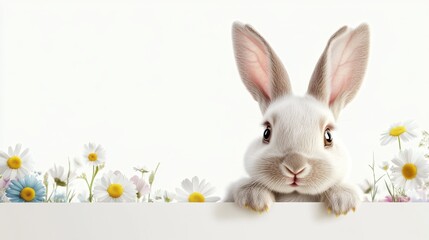 Obraz premium Very cute easter bunny looking over banner with copy space