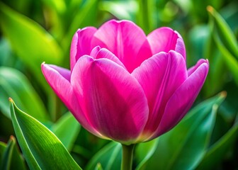 Fototapeta premium Macro Pink Tulip Blossom, Green Leaf Background - Spring Flower Photography