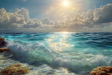 Fototapeta premium A sunlit tropical lagoon surrounded by coral reefs, with gentle waves shimmering under a radiant sky