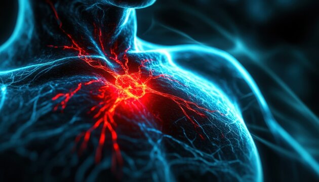 Urgent Medical Illustration Critical Chest Pain Anatomy, Arrows Precisely Indicate Areas of Severe, Focused Pain in the Heart and Surrounding Vessels This High-Resolution Medical Image Depicts the