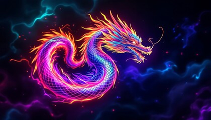 Obraz premium Neon Rainbow Dragon Digital Art Cosmic Background
