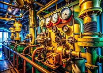 Obraz premium Macro Shot: Air Compressor Room Details, Large Vessel Engine Room, Industrial Machinery Close-up
