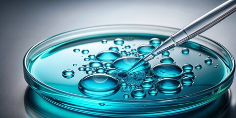 Macro Shot: Air Bubbles Rising in Cyan Liquid Petri Dish - Abstract Cosmetics Science