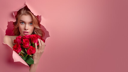 Arresting Beauty Peers Through Torn Pink Paper Clad In Roses.
