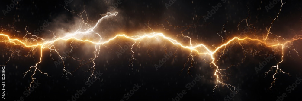 Poster isolated lightning bolt with extensive branching illuminates dark sky, creating dramatic natural phe