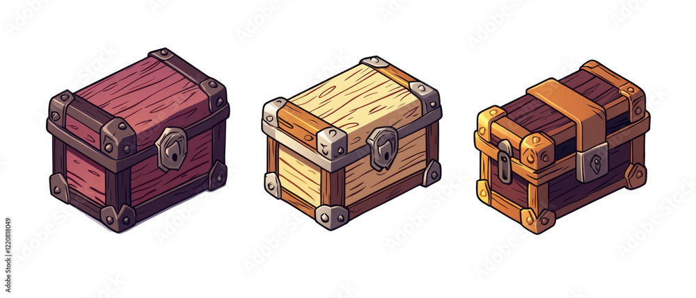 Poster detailed image of three different treasure box designs showcasing unique styles and colors