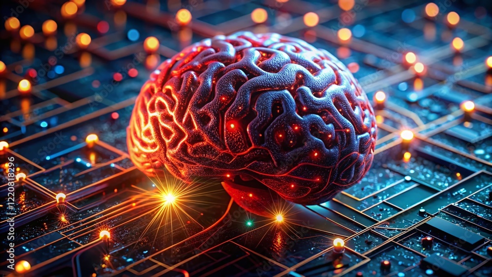 Poster macro shot of illuminated red circuitry, cybernetic brain, futuristic technology, neural network, ar