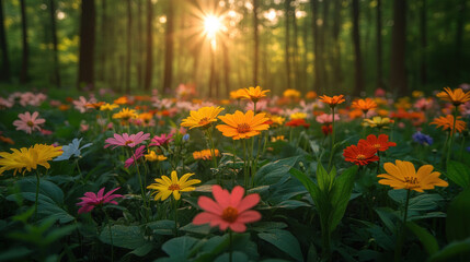 Obraz premium A vibrant forest scene in spring with sunlight streaming through green leaves and colorful wildflowers on the forest floor