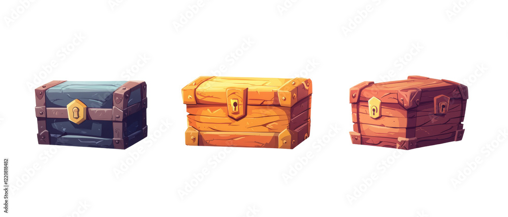 Poster minimalistic image displaying three colorful treasure boxes with locks
