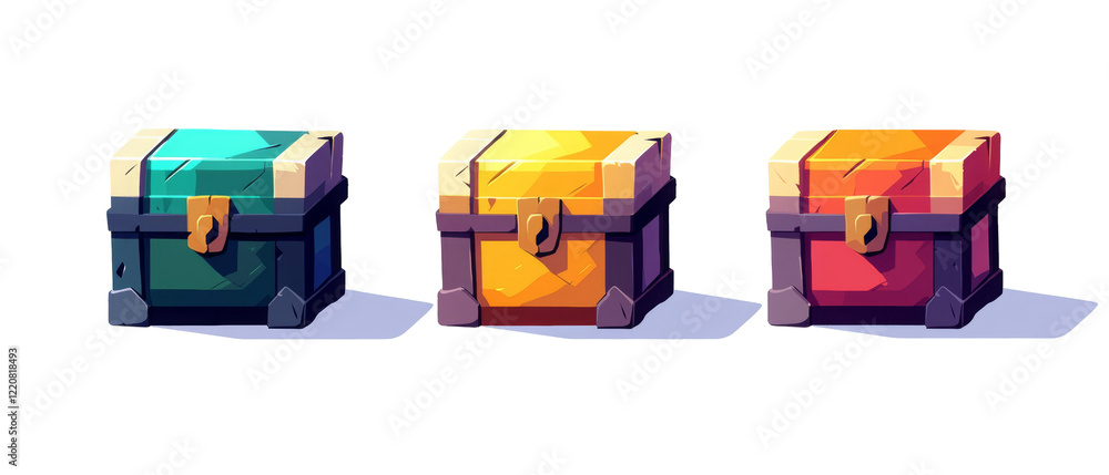 Poster minimalistic image displaying three colorful treasure boxes in row